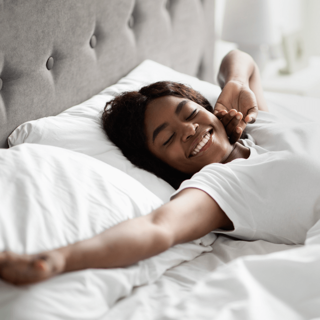 woman waking up refreshed. sleep better, perform better online programme joy space therapy